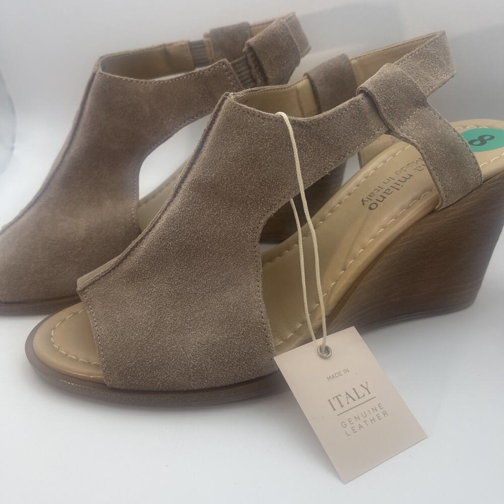 SOPHIA MILANO Wedge Sandals 8 Open Toe Leather Tan/Brown Ankle Strap Shoes Italy